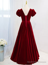 Wine Red V-neckline Velvet Prom Dress Party Dress, A-line Wedding Party Dress